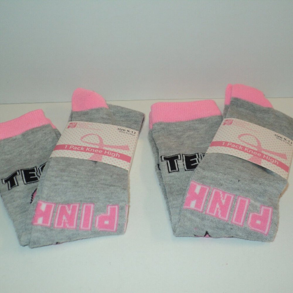 Two Pairs Breast Cancer Survivor Awareness Knee Socks Team Pink Size 9-11 NEW